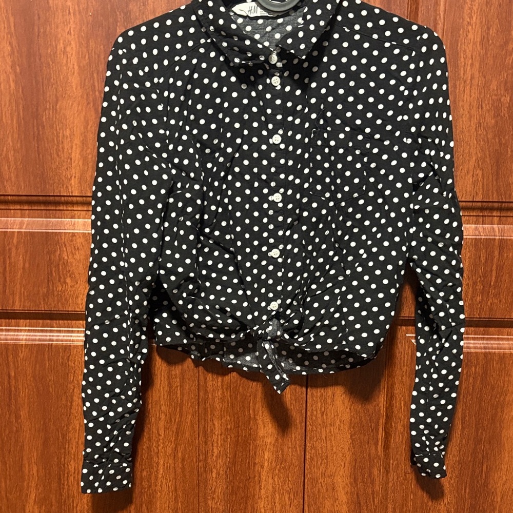 H&M Black & White Polka Dot Tie-Front Blouse